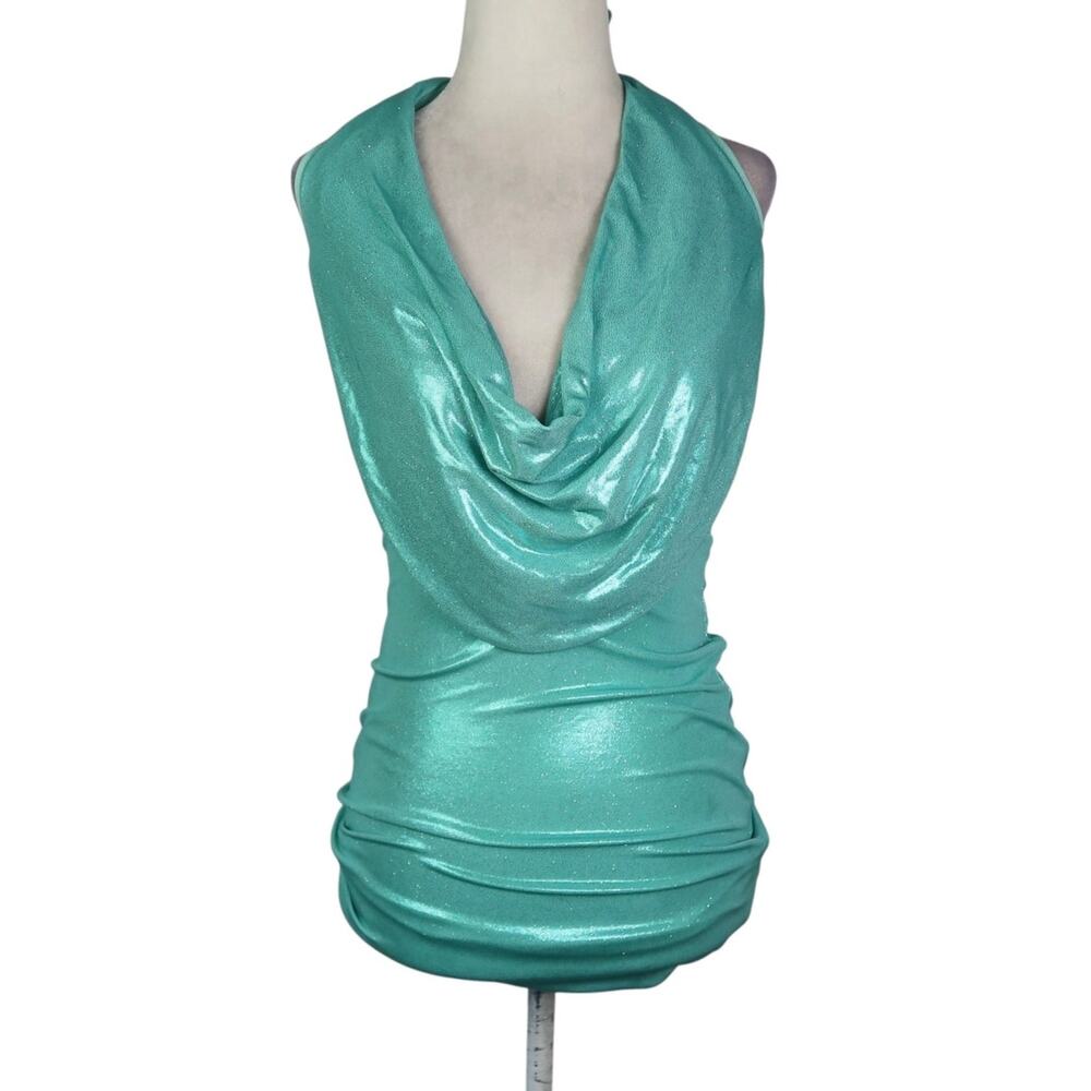 Vintage Y2K Windsor Aqua Blue Shiny Glitter Cowl Neck Halter Bodycon Mini Dress